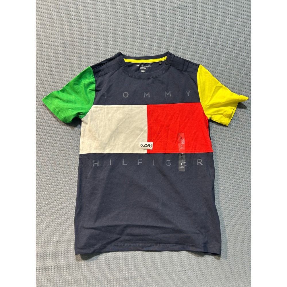 Tommy Hilfiger Colorblock Flag Logo T-Shirt Boys Size L 12-14 Navy Blue